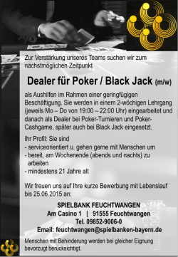 Dealer für Poker / Black Jack (m/w)