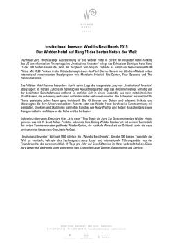 Institutional Investor: World`s Best Hotels 2015 Das Widder Hotel auf