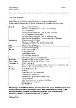 Materialliste für die Klasse 2 im Schuljahr 2015/2016