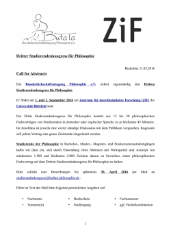 Dritter Studierendenkongress f&uuml;r Philosophie Call for Abstracts