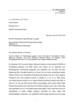 Hannover, den 25. April 2015 Betreff: Strafanzeige wegen Betruges ua