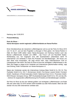 Hamburg, den 12.06.2015 Pressemitteilung Paris Air Show &ndash; Hanse