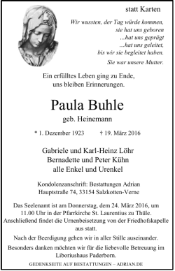 Paula Buhle - Bestattungen Adrian