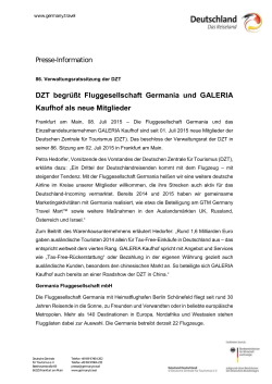 DZT begr&uuml;&szlig;t Fluggesellschaft Germania und GALERIA
