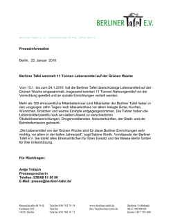 Gr&uuml;ne Woche: 11 Tonnen Lebensmittel , 25.01.2016
