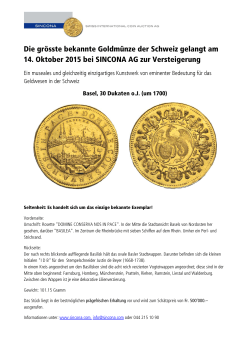 Die grösste bekannte Goldmünze der Schweiz gelangt am 14