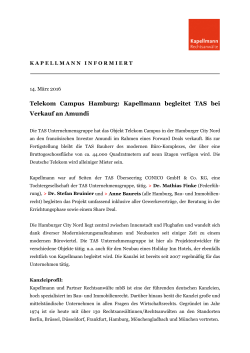 Telekom Campus Hamburg: Kapellmann begleitet TAS bei Verkauf
