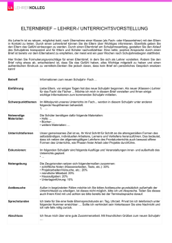 ELTERNBRIEF &ndash; LEHRER-/ UNTERRICHTSVORSTELLUNG