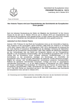 Herr Antonio Tizzano wird zum Vizepräsidenten des Gerichtshofs