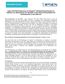 Ipsen teilt FDA-Zulassung von Dysport (AbobotulinumtoxinA) zur