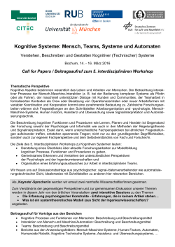 Call for Papers Workshop Kognitive Systeme 2016