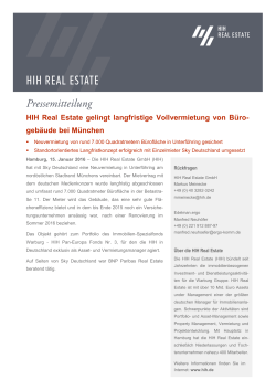 HIH Real Estate gelingt langfristige Vollvermietung von B&uuml;ro
