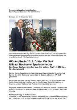 Gl&uuml;ckspilze in 2015: Dritter VW Golf f&auml;llt auf Bochumer Sparlotterie