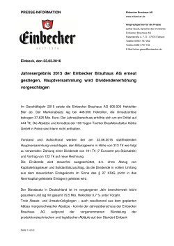 Jahresergebnis 2015 der Einbecker Brauhaus AG erneut gestiegen
