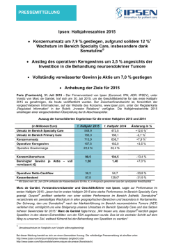 Ipsen: Halbjahreszahlen 2015 &bull; Konzernumsatz um 7,9 % gestiegen