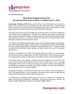 HK Express Expands Airbus Fleet Six new aircraft to arrive in 2016