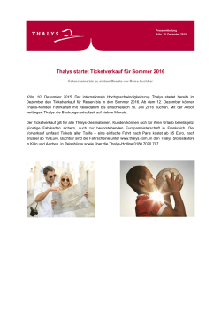 Thalys startet Ticketverkauf für Sommer 2016