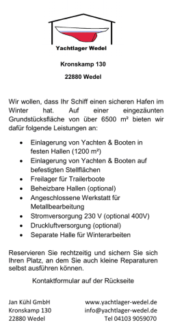 Jan K&uuml;hl GmbH www.yachtlager-wedel.de Kronskamp 130 info