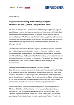 Doppelte Auszeichnung: Rat f&uuml;r Formgebung ehrt Pfleiderer mit