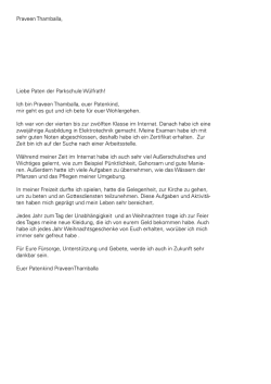 Praveen Thamballa, Liebe Paten der Parkschule Wülfrath! Ich bin