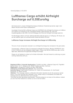 Lufthansa Cargo erhöht Airfreight Surcharge auf 0,55Euro/kg
