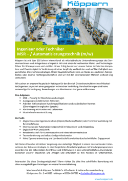 Ingenieur oder Techniker MSR &ndash; / Automatisierungstechnik (m/w)