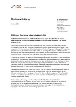 SIX Swiss Exchange büsst LifeWatch AG