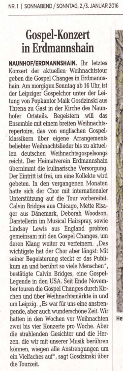 Leipziger Volkszeitung (Muldental), 02.01.2016: Gospel