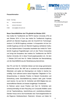 Neuer Geschäftsführer der ITA gGmbH ab Oktober 2015 Das Institut