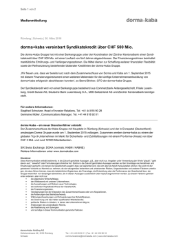 30/03/16 - dorma+kaba vereinbart Syndikatskredit über CHF 500 Mio.