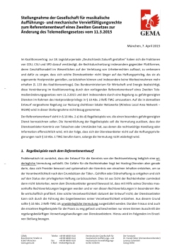 Stellungnahme der GEMA v. 7.4.2015 zum RefE-TMG