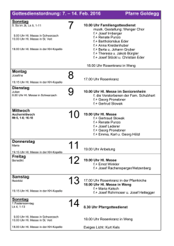 Gottesdienstordnung: 7. &ndash; 14. Feb. 2016 Pfarre Goldegg