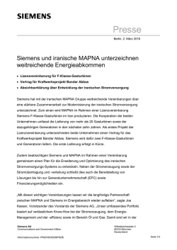 Presseinformation: Siemens und iranische MAPNA unterzeichnen