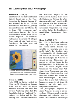 III. Lebensspuren 2013: Neueing&auml;nge