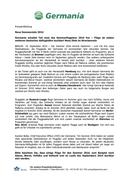 Pressemitteilung Neue Sommerziele 2016 Germania schaltet Teil