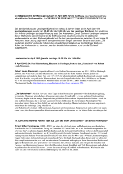 Monatsprogramm der Montagslesungen im April 2016 für die