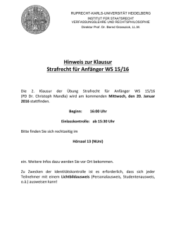 Hinweis zur Klausur Strafrecht für Anfänger WS 15/16