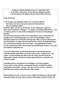 27.09., Mosaik-Gottesdienst zu Matth&auml;us Alber, Pfarrerin Gilch