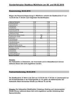 Sonderfahrplan Stadtbus Mühlheim am 08. und 09.02.2016