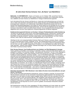 Medienmitteilung "20 Jahre Euler Hermes Schweiz: Vom "