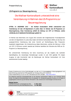 Die Walliser Kantonalbank unterzeichnet eine Vereinbarung im
