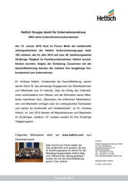 Hettich Gruppe dankt f&uuml;r Unternehmenstreue