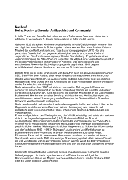 Nachruf Heinz Koch – glühender Antifaschist und Kommunist