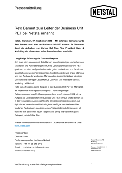 Reto Bamert zum Leiter der Business Unit PET bei Netstal ernannt