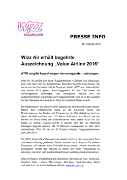 PRESSE INFO Wizz Air erhält begehrte Auszeichnung „Value Airline