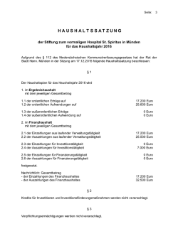 Haushaltssatzung 2016 Stiftung zum vormaligen Hospital St. Spiritus