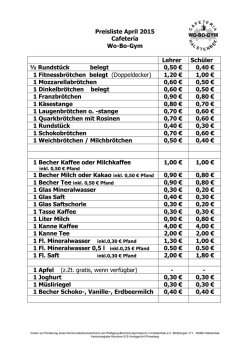 Preisliste der Cafeteria - Wolfgang-Borchert