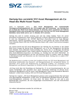 Hartwig Kos verstärkt SYZ Asset Management als Co
