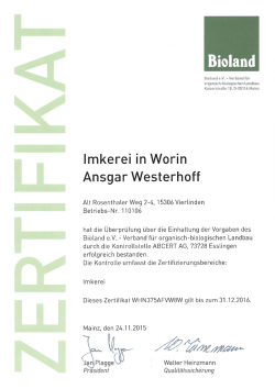 Imkerei in Worin Biolandzertifikat 2016. - Westerhoff