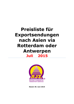 Preisliste für Exportsendungen nach Asien via Rotterdam oder